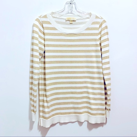 🌸MICHAEL Michael Kors Women’s Lurex White & Gold Striped Blouse - Picture 1 of 12